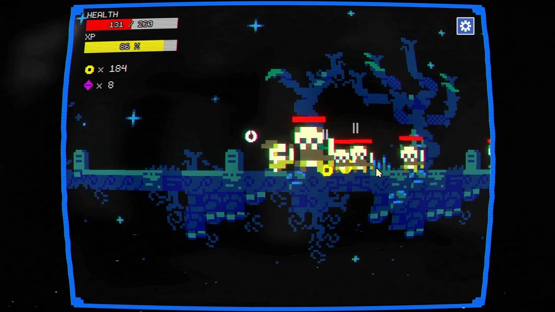 Loot Loop: Pixel heroes traverse a dark dungeon platform, health and XP bars displayed on-screen.