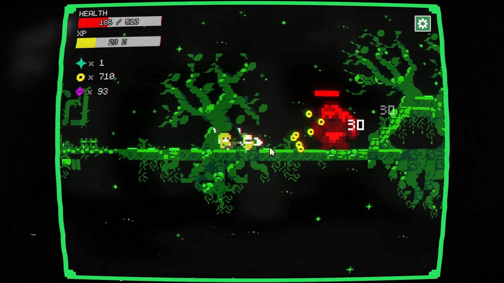 Loot Loop: Hero fighting glowing red monster in pixelated forest with health and XP bars displayed