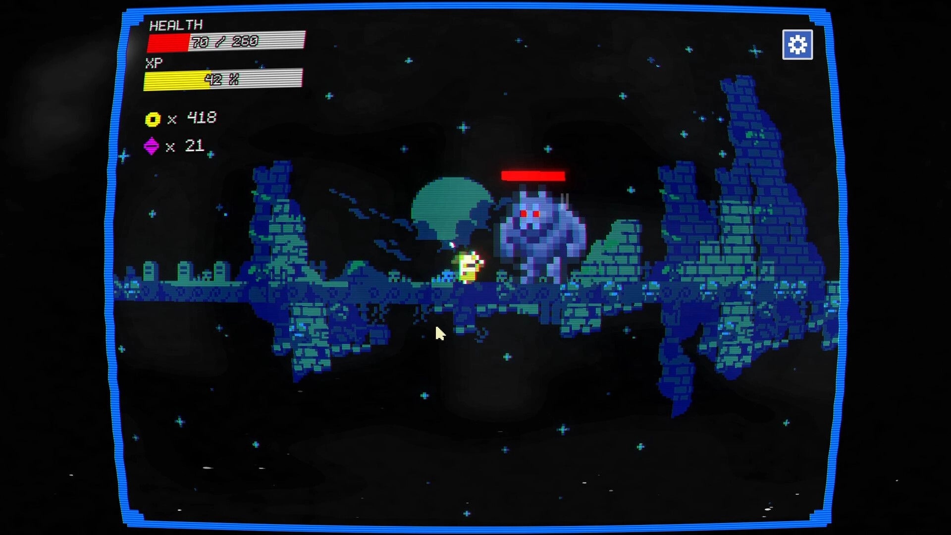 Loot Loop: Hero fights a large monster on a pixelated platform with health and XP bars displayed