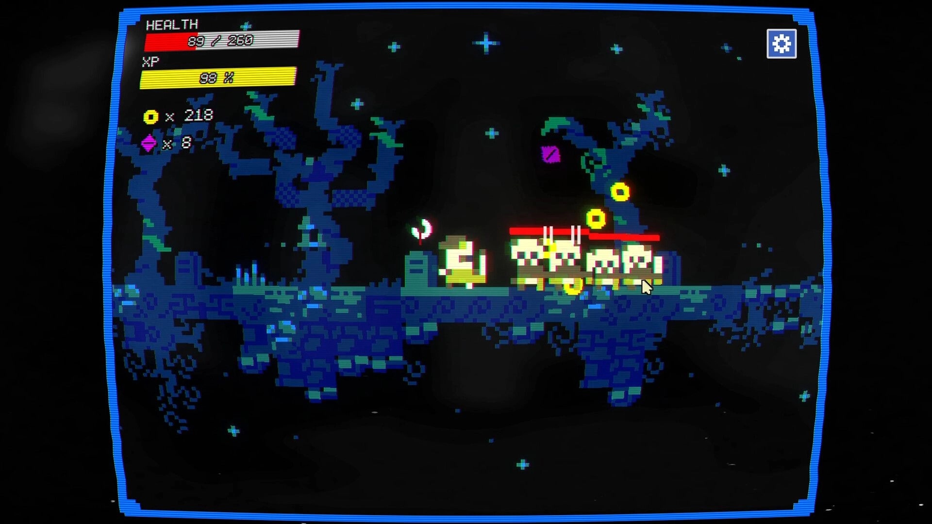 Loot Loop: Hero fighting monsters on pixelated platform with health, XP, and loot stats displayed