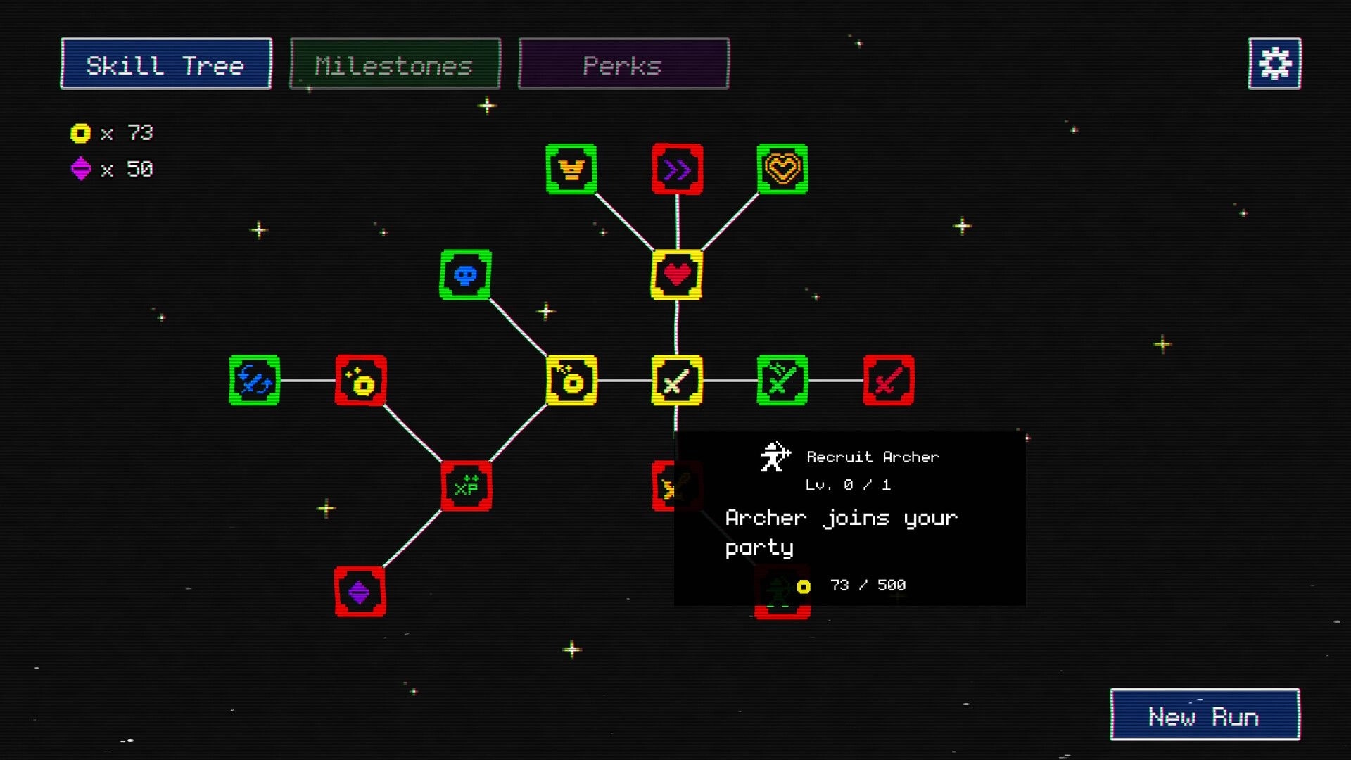 Loot Loop: Skill tree interface with various perks and recruit mage option highlighted