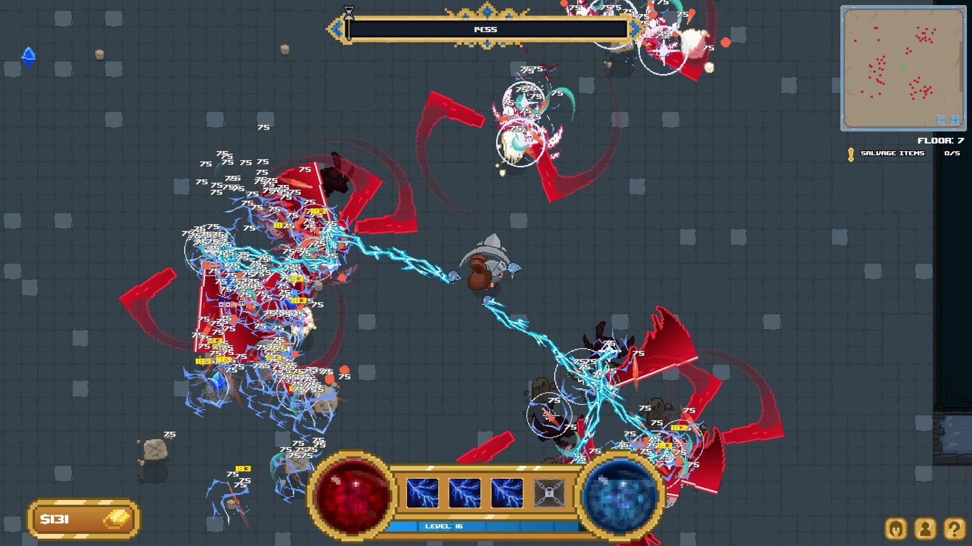 Loot Tower: Wizard fires chain lightning at swarms on tiled dungeon floor, minimap and timer UI visible.