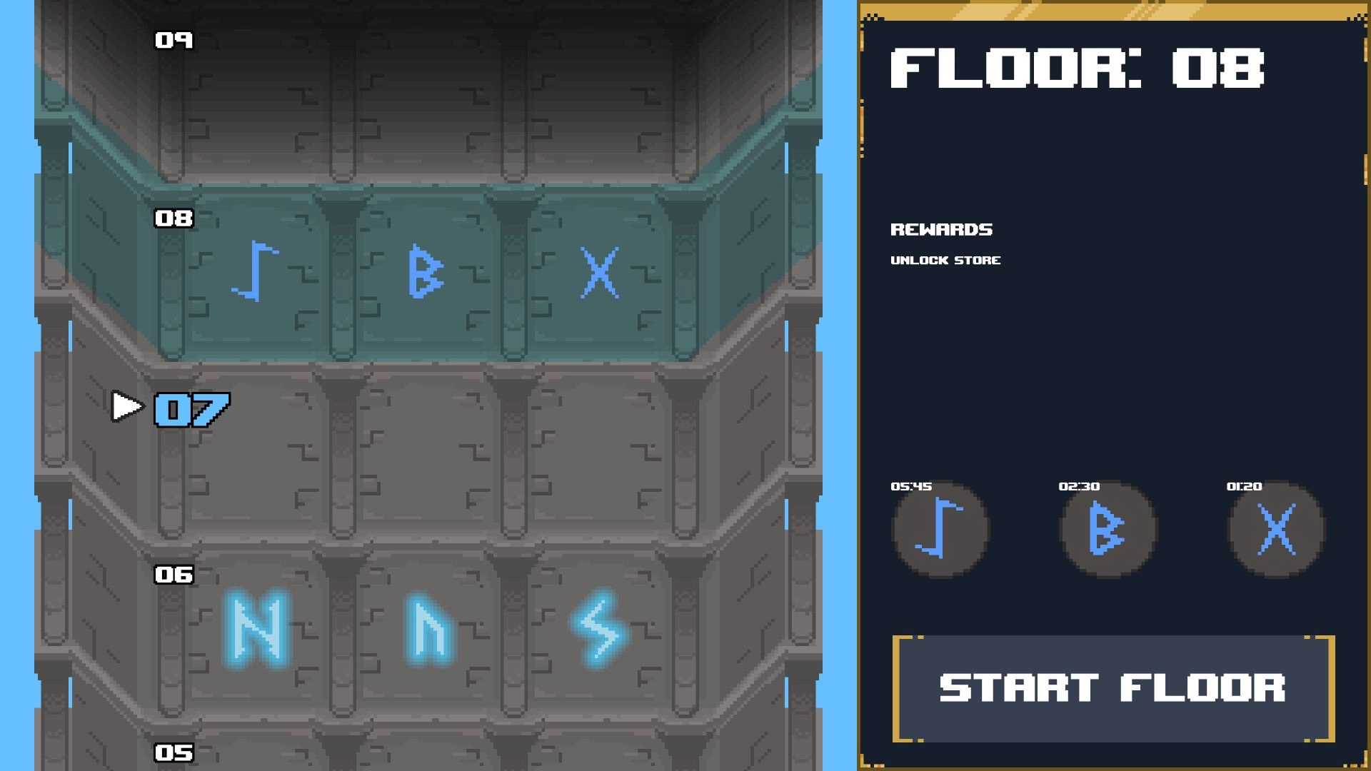 Loot Tower: Floor 08 selection menu with rune icons, reward info, and Start Floor button UI panel.