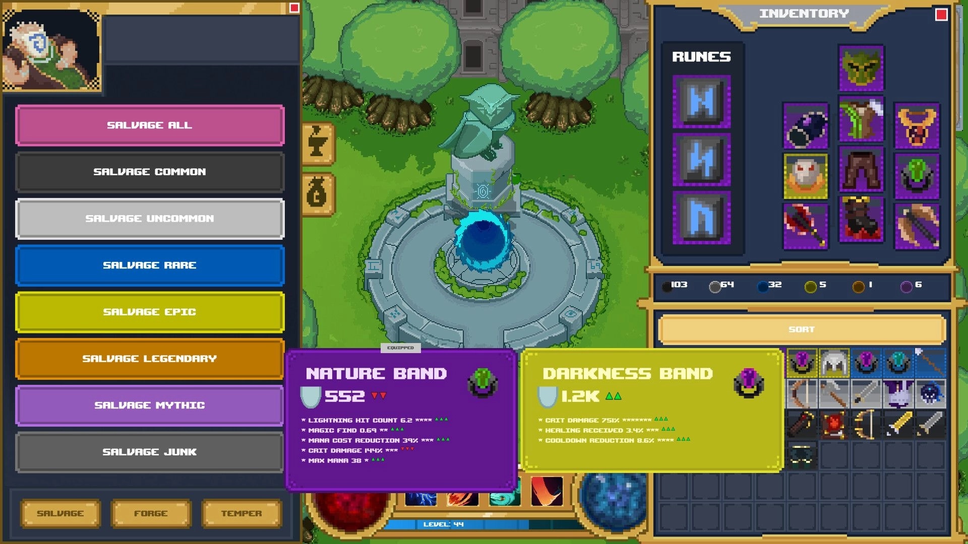 Loot Tower: Inventory and salvage menus comparing Nature Band and Darkness Band in town portal plaza.