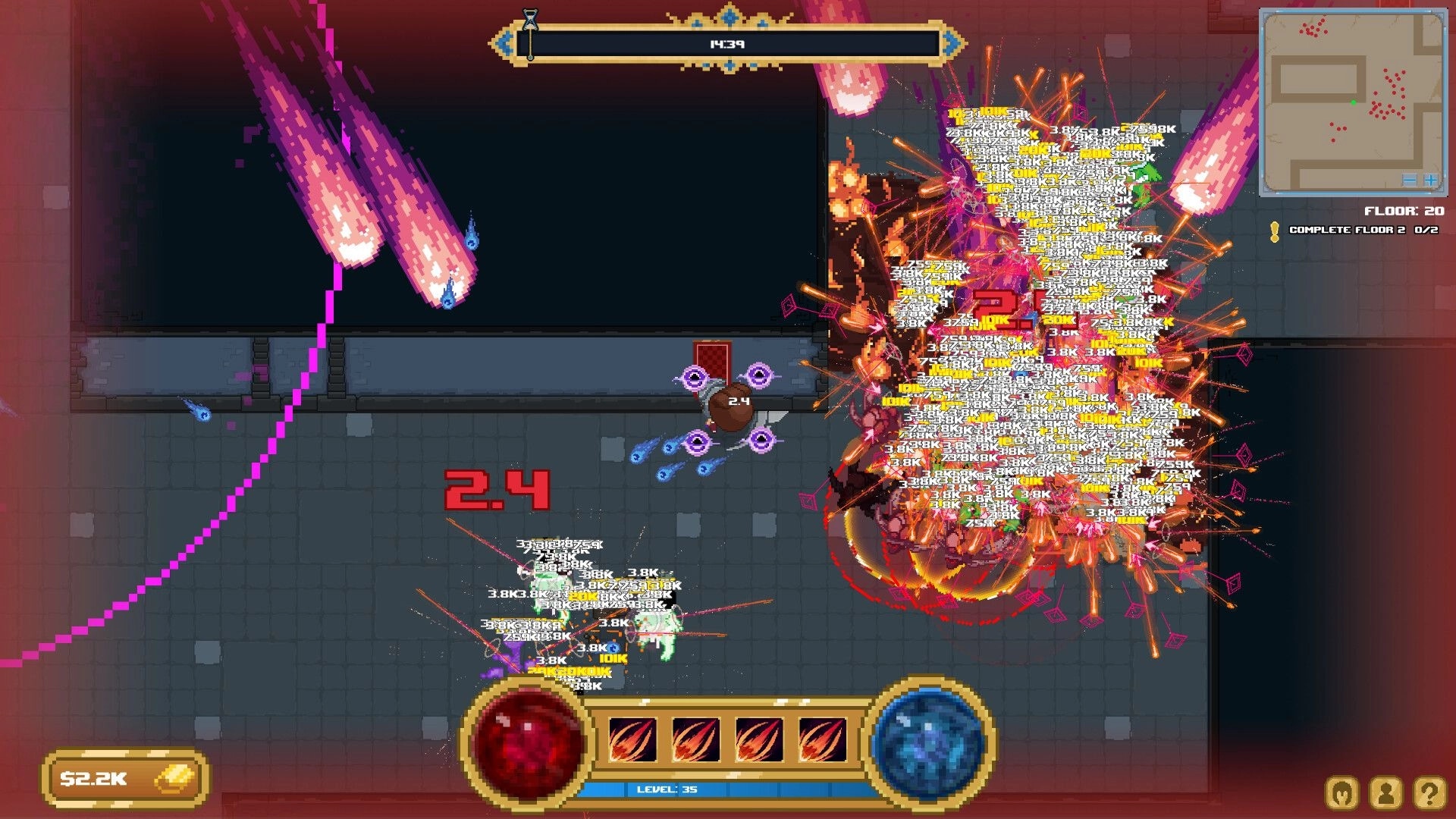 Loot Tower: Player unleashes explosive attacks on swarming enemies in dungeon corridor, minimap UI visible.