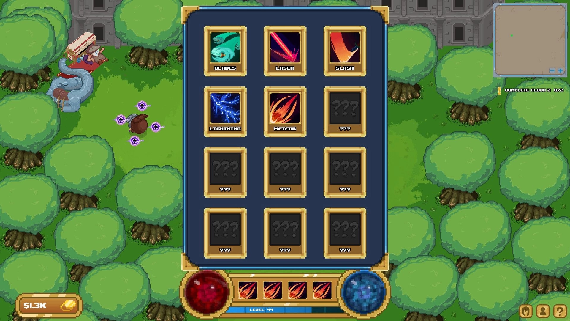 Loot Tower: Skill selection menu with Blades, Laser, Slash cards over a forest courtyard map UI.