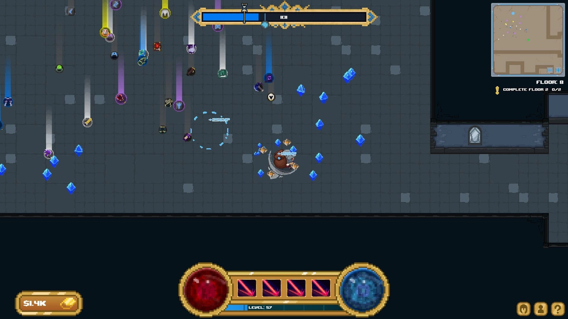 Loot Tower: Hero collects blue gems and loot on tiled dungeon floor with minimap and skill bar UI.