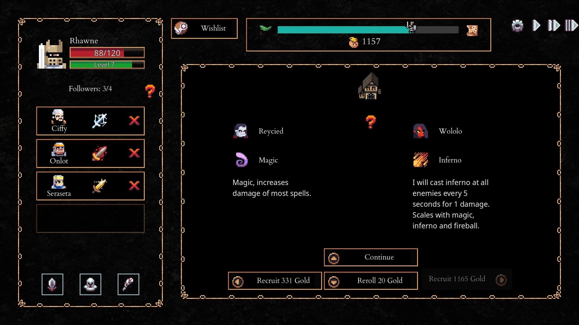 Lootbane: Character Rhawne's stats and follower details with recruitment options in menu interface