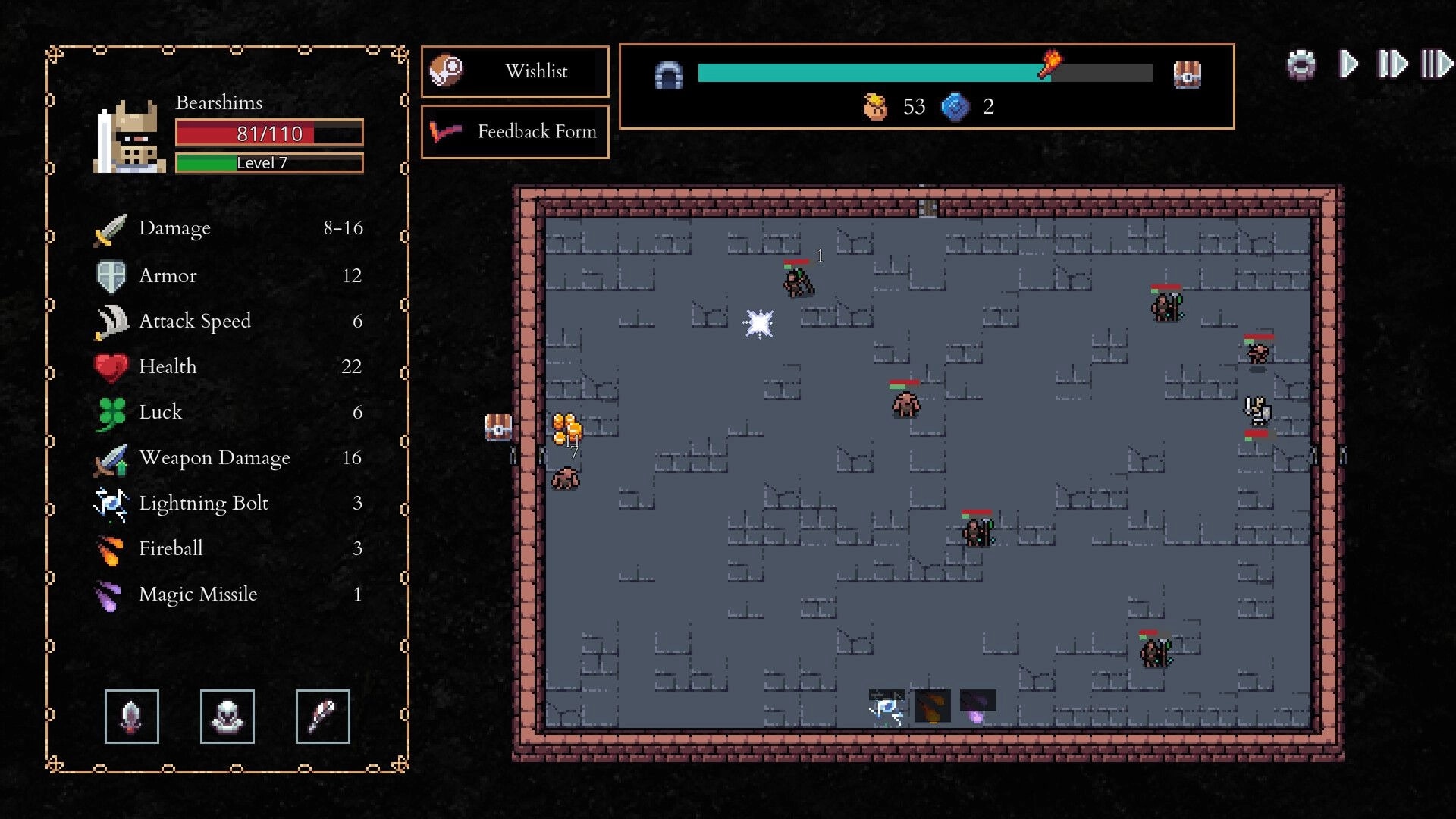 Lootbane: Bearshims battles multiple enemies in dungeon; health and stats displayed on the left panel.