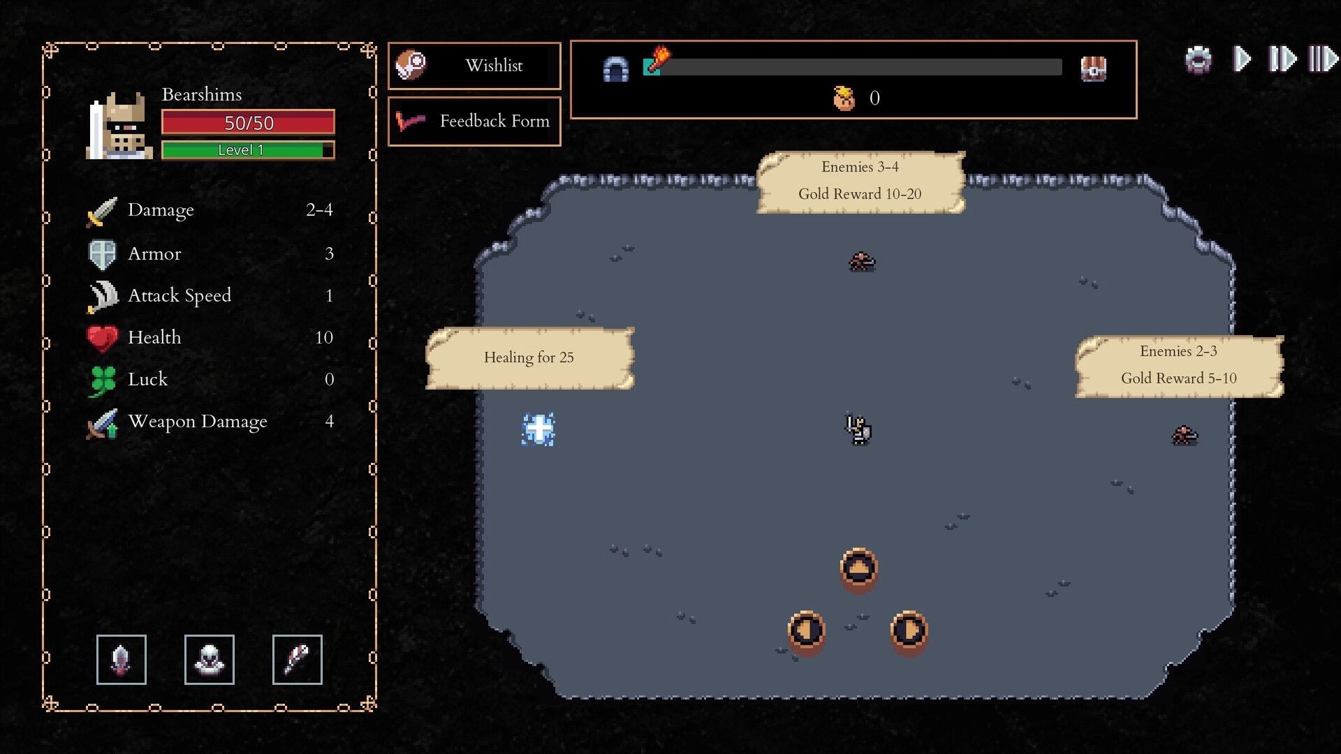 Lootbane: Bearshims stats display and dungeon map with healing, enemies, and gold rewards visible