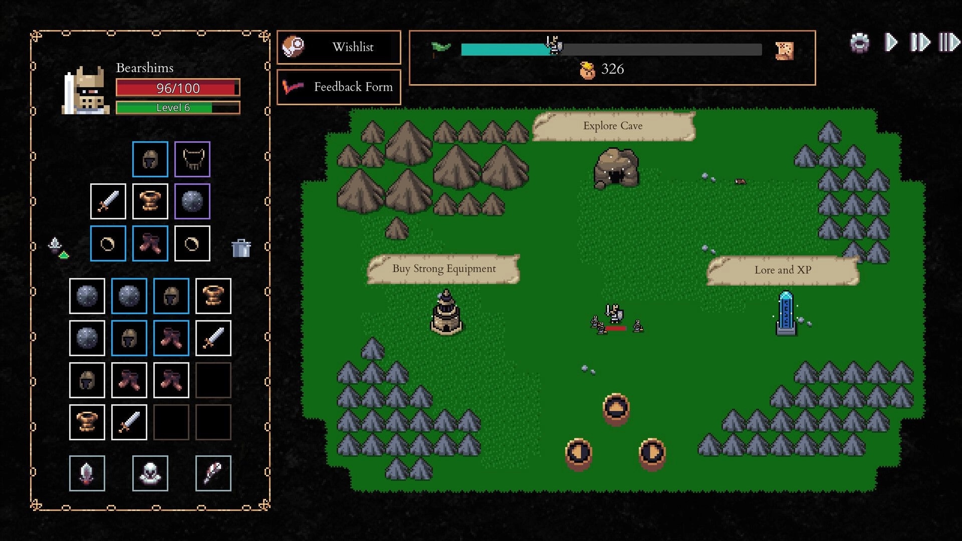 Lootbane: Character Bearshims inventory and map with options to explore cave or buy equipment.