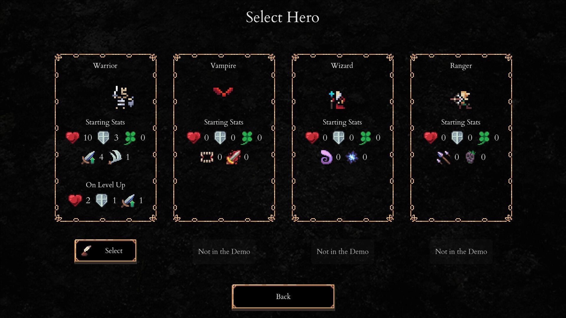 Lootbane: Select Hero screen displaying Warrior, Vampire, Wizard, and Ranger with starting stats