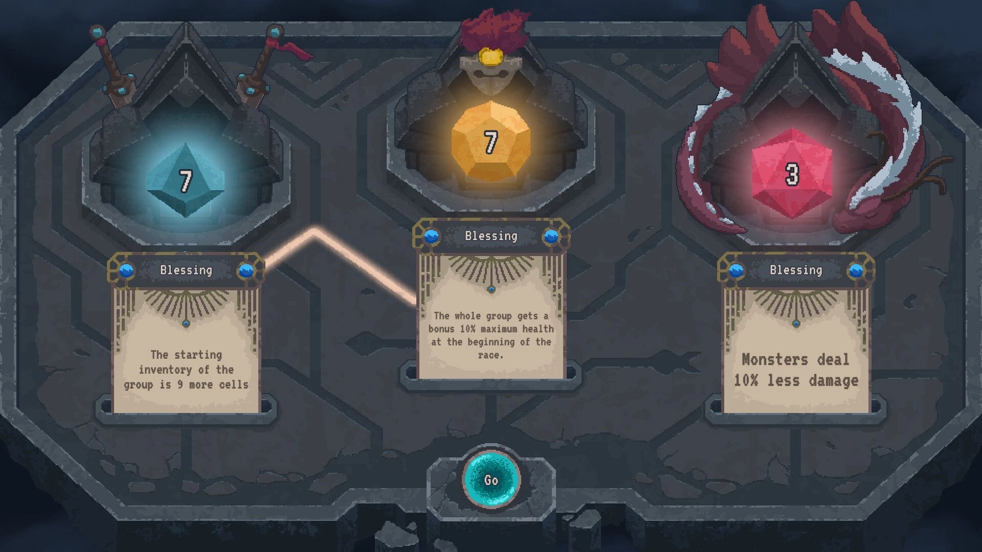 Lootbound: Blessing selection screen with three options in a dark stone dungeon environment.