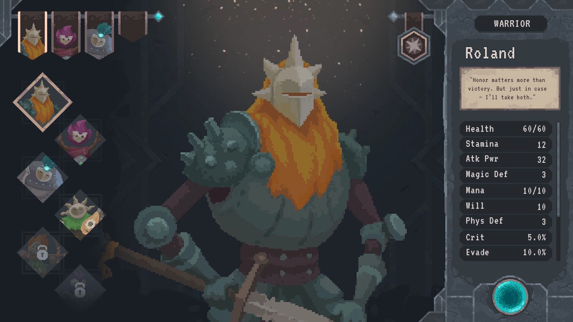 Lootbound: Character Roland's stats and portrait displayed in a dark dungeon setting with UI elements.