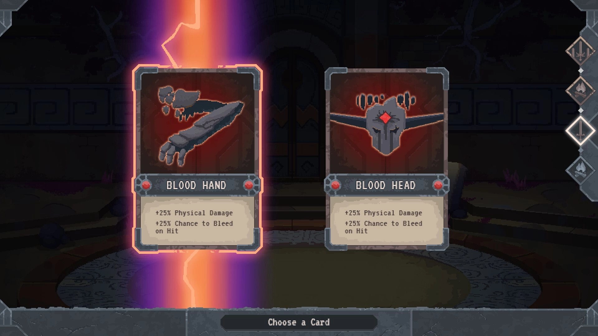 Lootbound: Card selection screen with "Blood Hand" and "Blood Head" options in a dark dungeon setting.