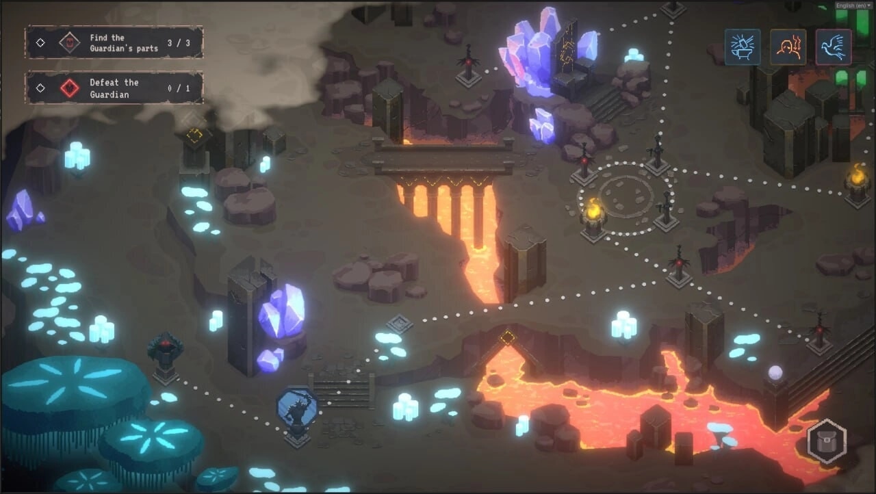 Lootbound: Map overview with glowing crystals, lava flows, and objectives to find parts and defeat Guardian.
