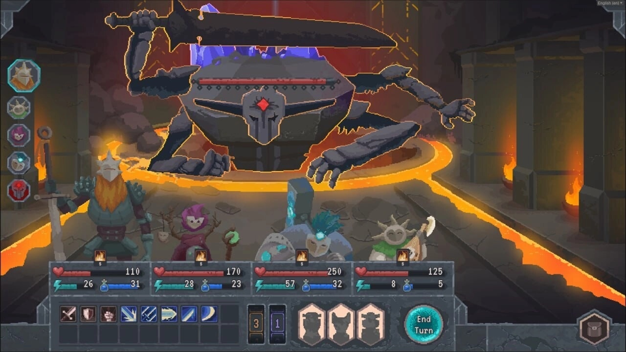 Lootbound: Four heroes face a giant armored golem in a fiery dungeon, with UI showing health and skills.