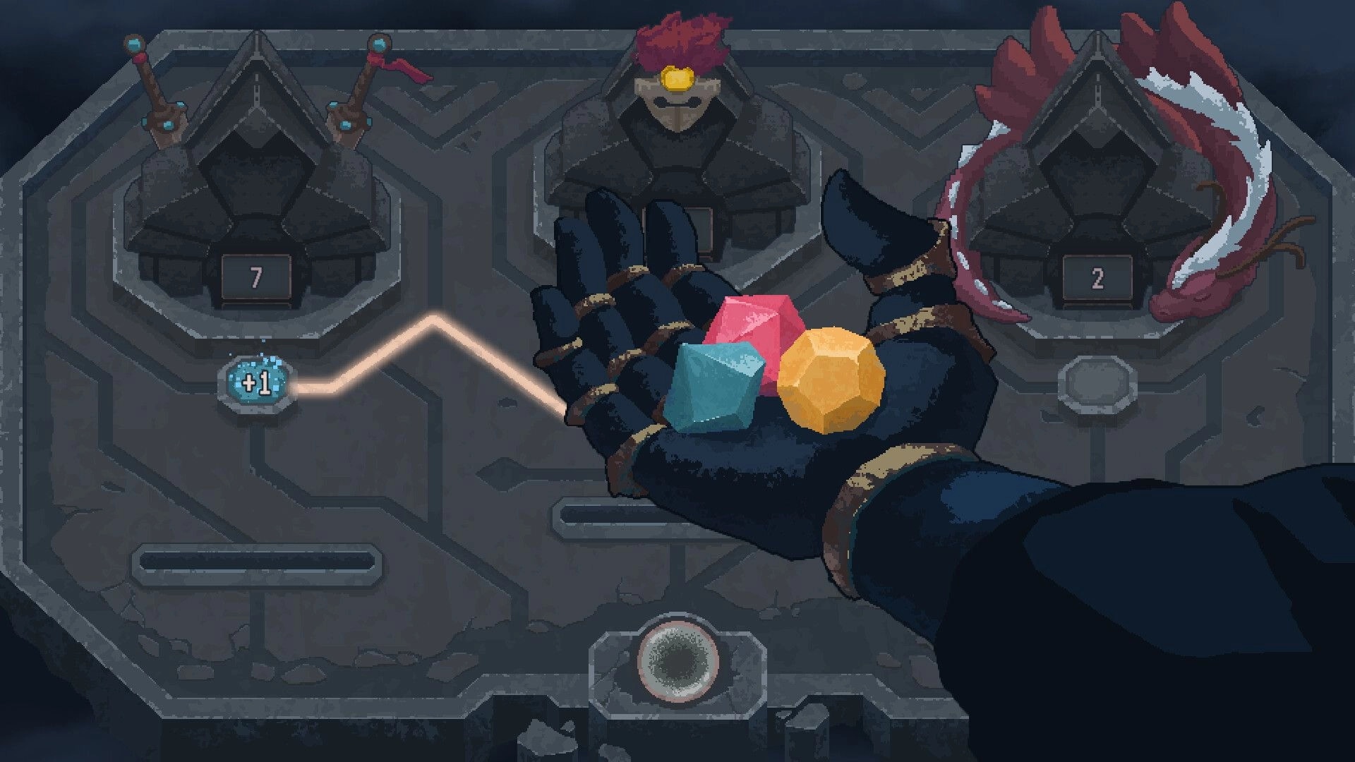 Lootbound: Gloved hand holds colorful gems on dungeon map with path and numbered structures