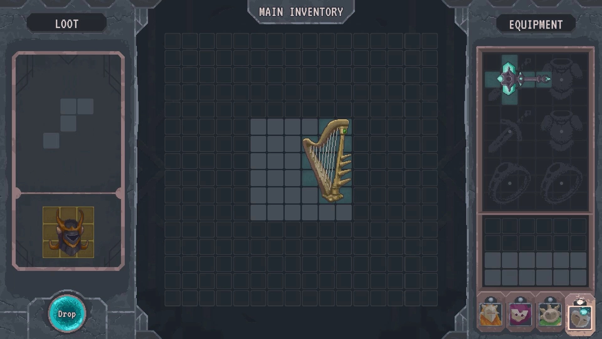 Lootbound: Main inventory screen with a harp and equipment menu in dark fantasy dungeon setting