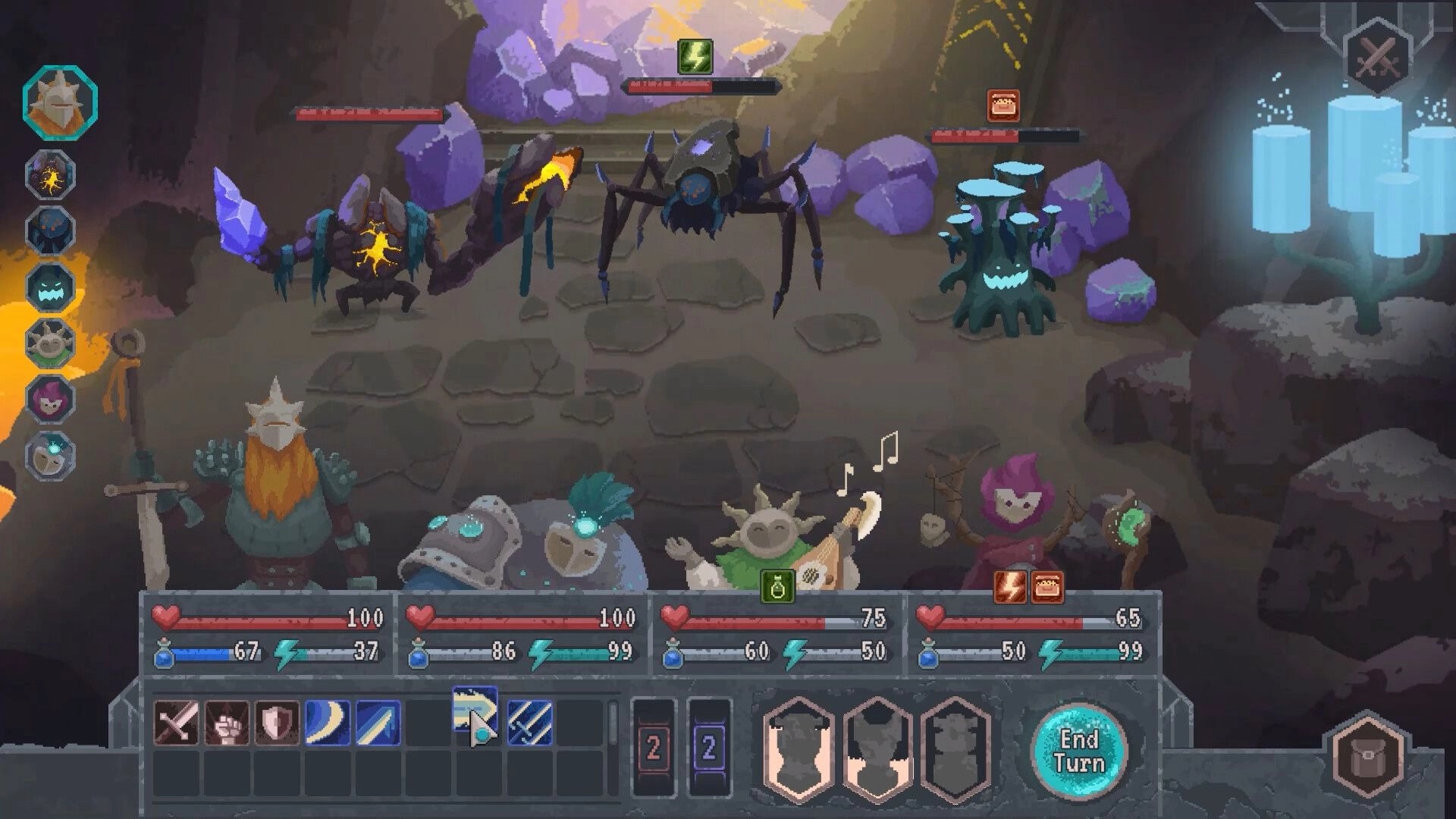 Lootbound: Turn-based combat with heroes facing spider and mushroom monsters in a dark cave dungeon.