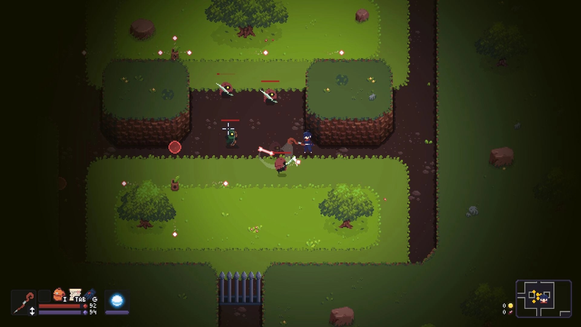 LootMage: Adventurer battles enemies in lush forest path with health and mana bars visible