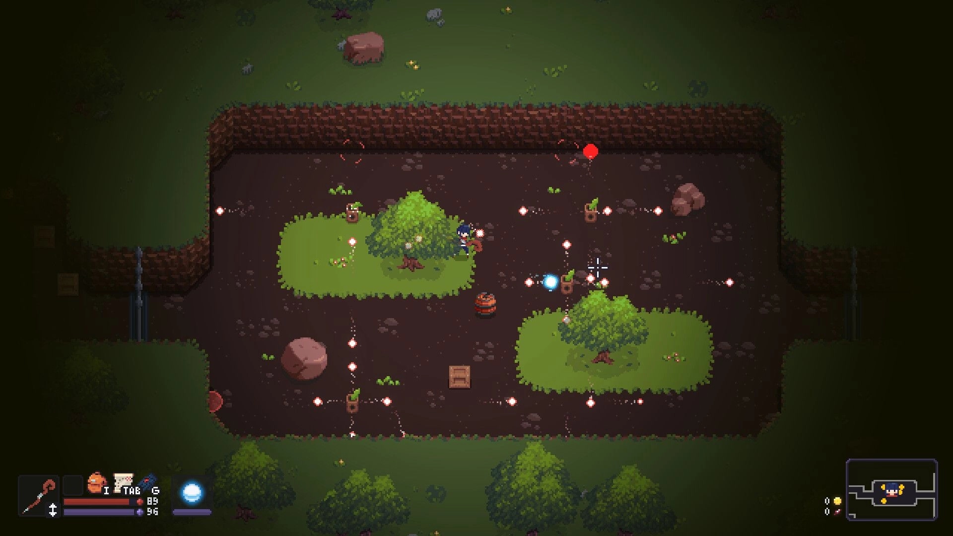 LootMage: Adventurer dodging projectiles in forest dungeon, with health and map UI at bottom corner.