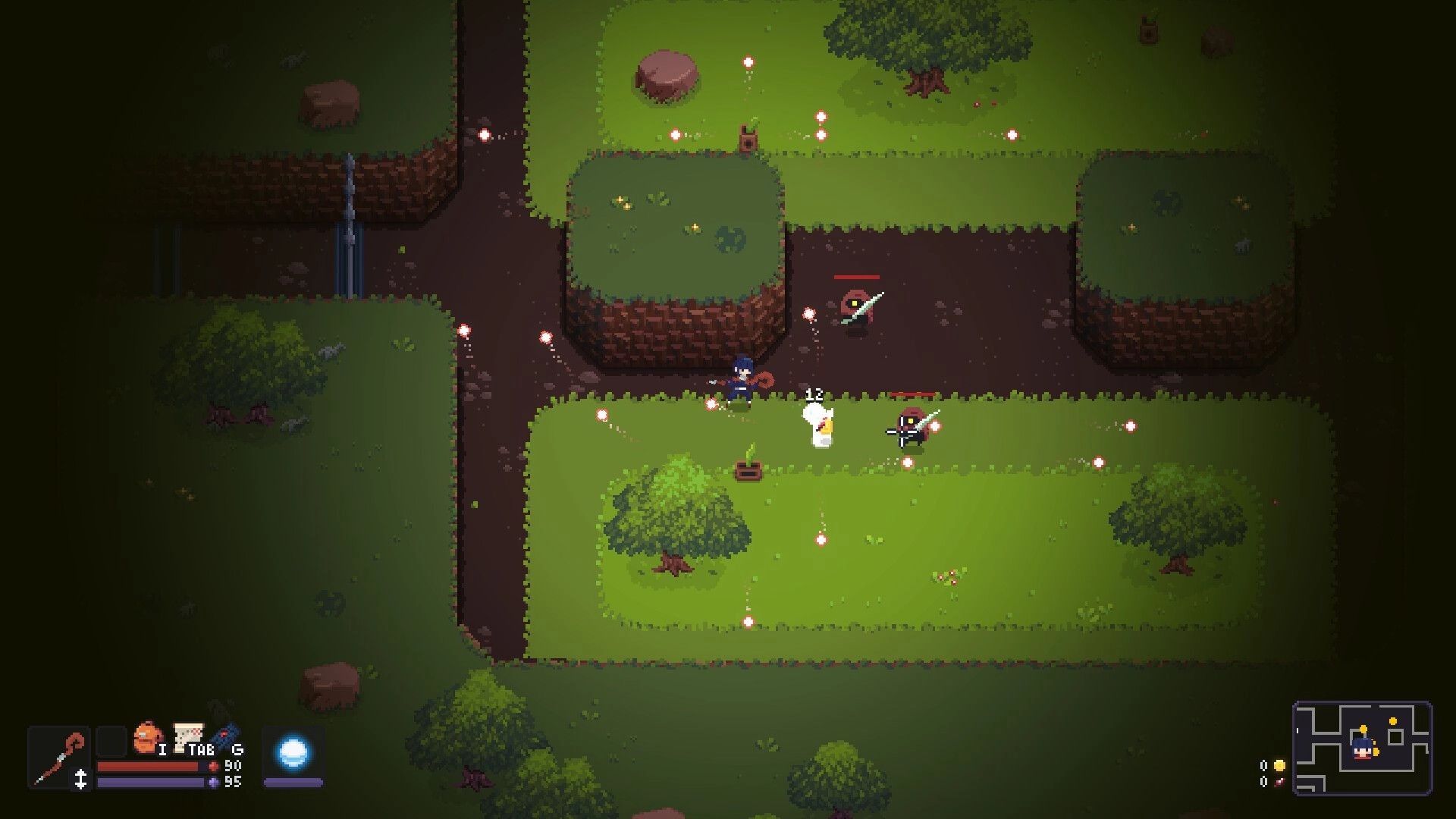 LootMage: Player battles enemies in lush forest dungeon with spell effects and mini-map visible
