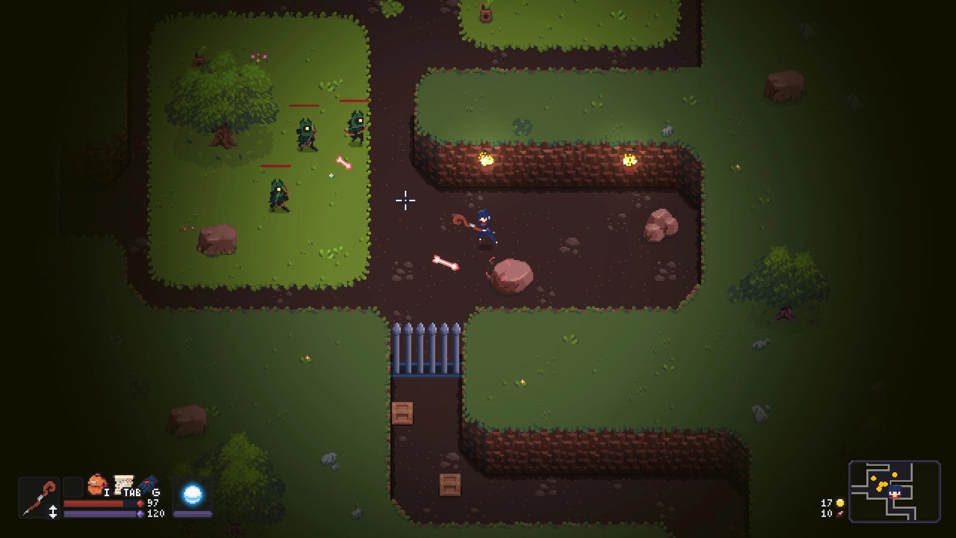 LootMage: Adventurer casting spells at goblins in a maze-like forest with visible UI and mini-map.