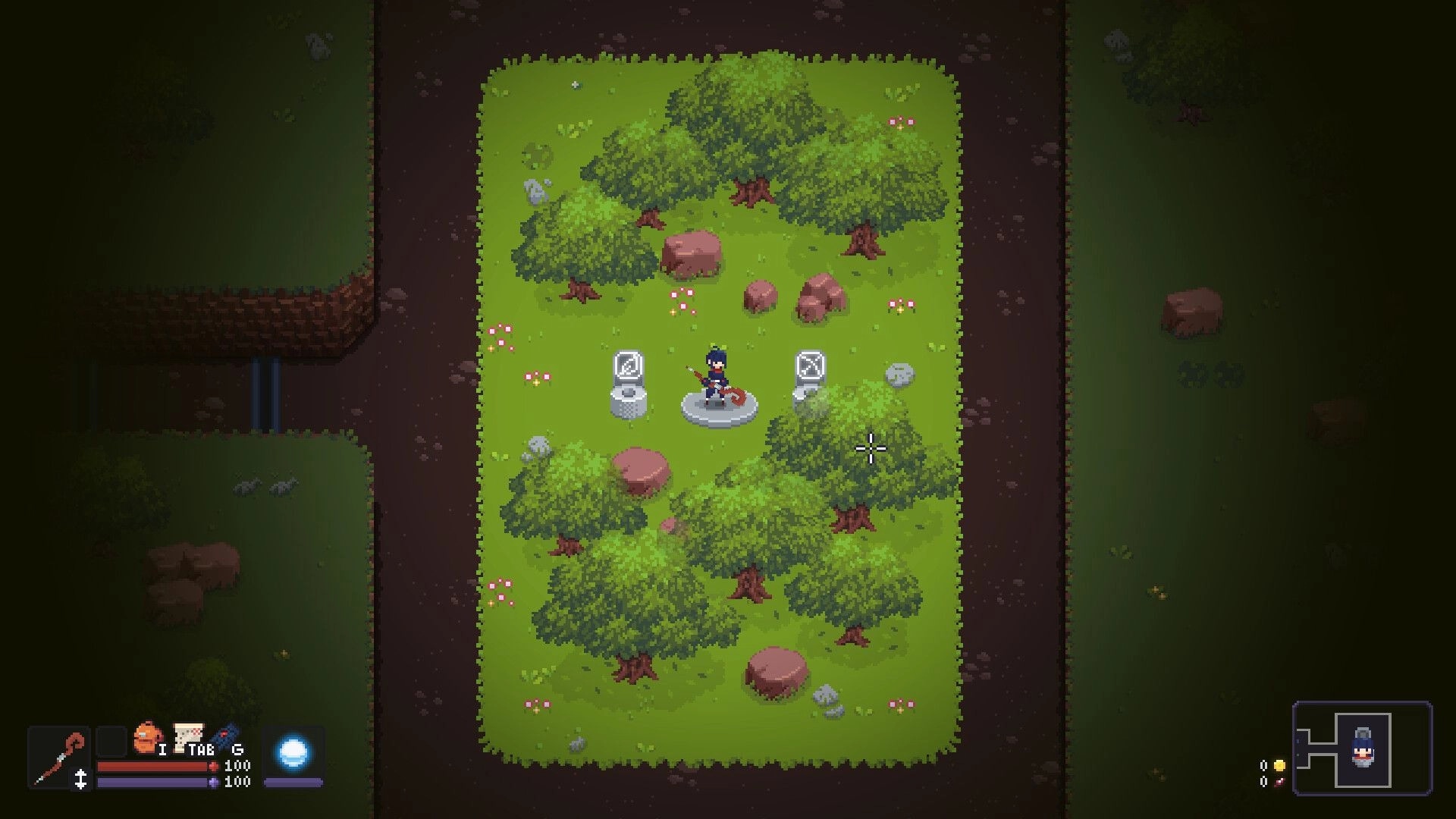 LootMage: Character stands on platform in forest clearing with trees and stones, HUD visible below.