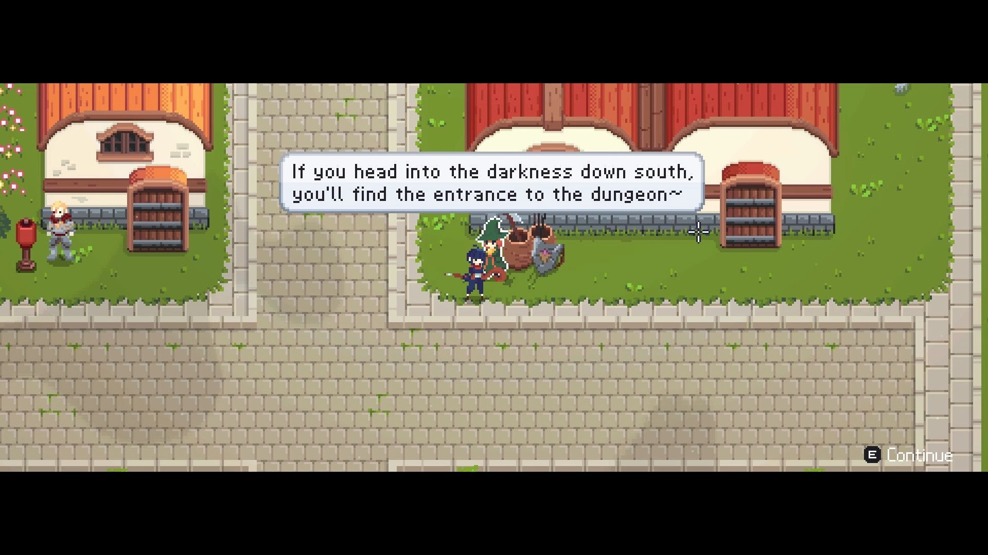 LootMage: Adventurer talks to NPC with quest dialogue in medieval village courtyard setting