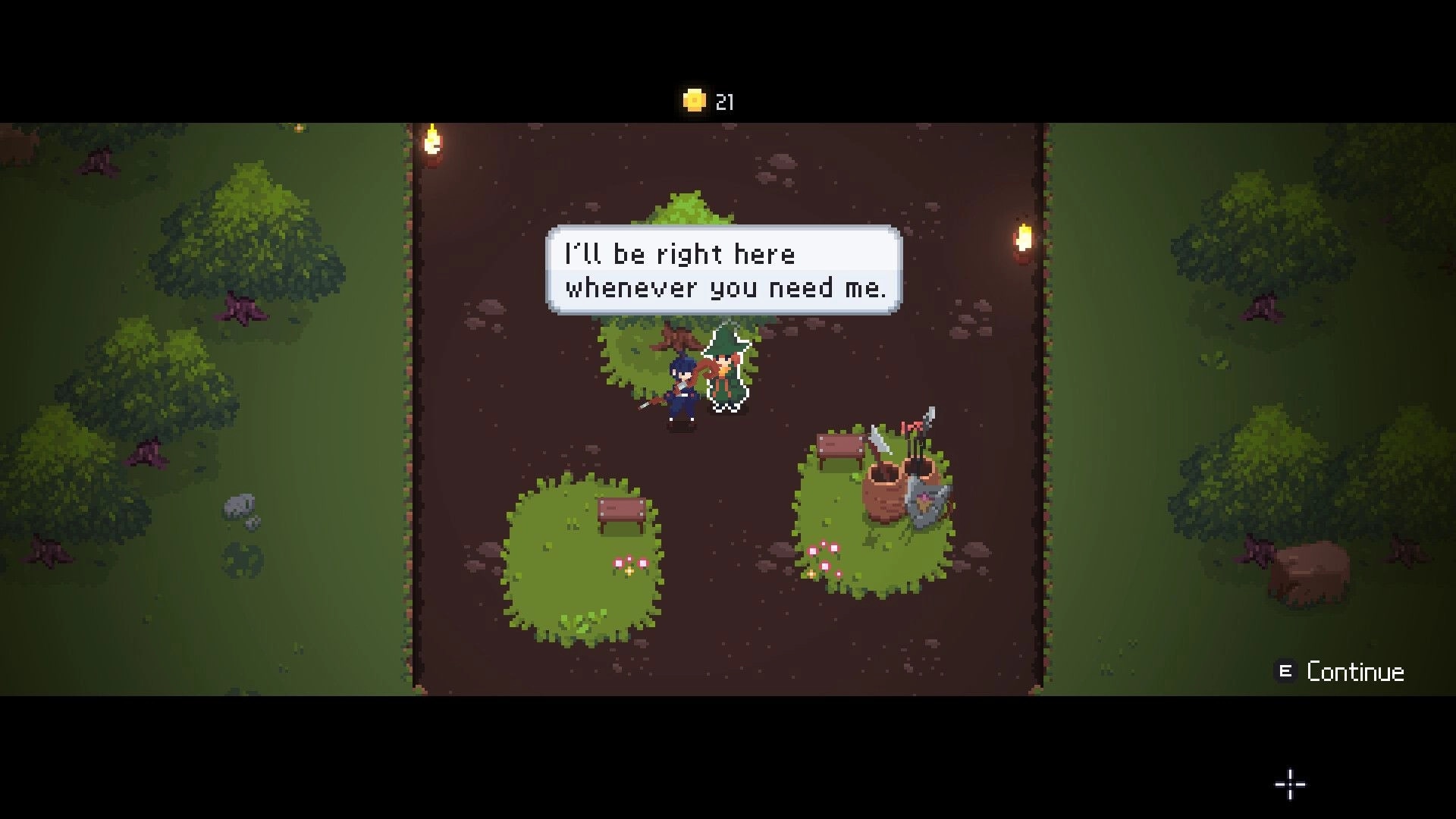 LootMage: Player converses with a robed character in a torch-lit forest clearing, dialogue box visible
