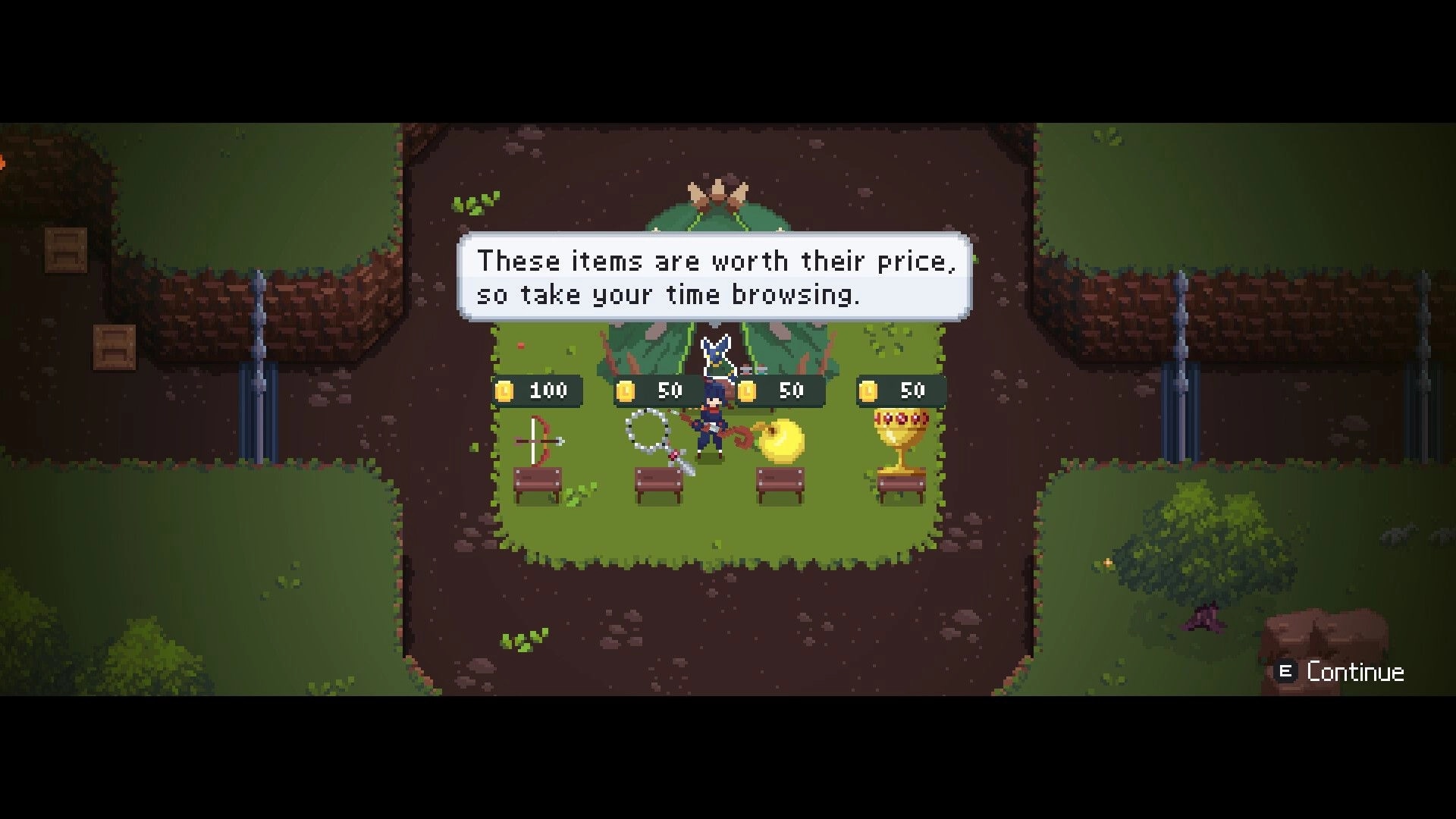 LootMage: Character browsing shop items in a forest clearing with prices displayed for each item.