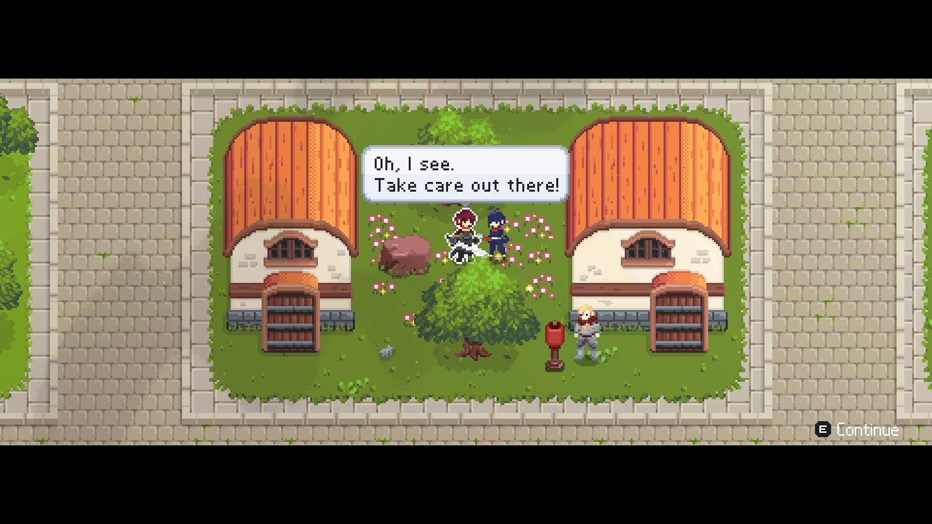 LootMage: Two characters converse in a village with houses, trees, and a dialogue box displayed.