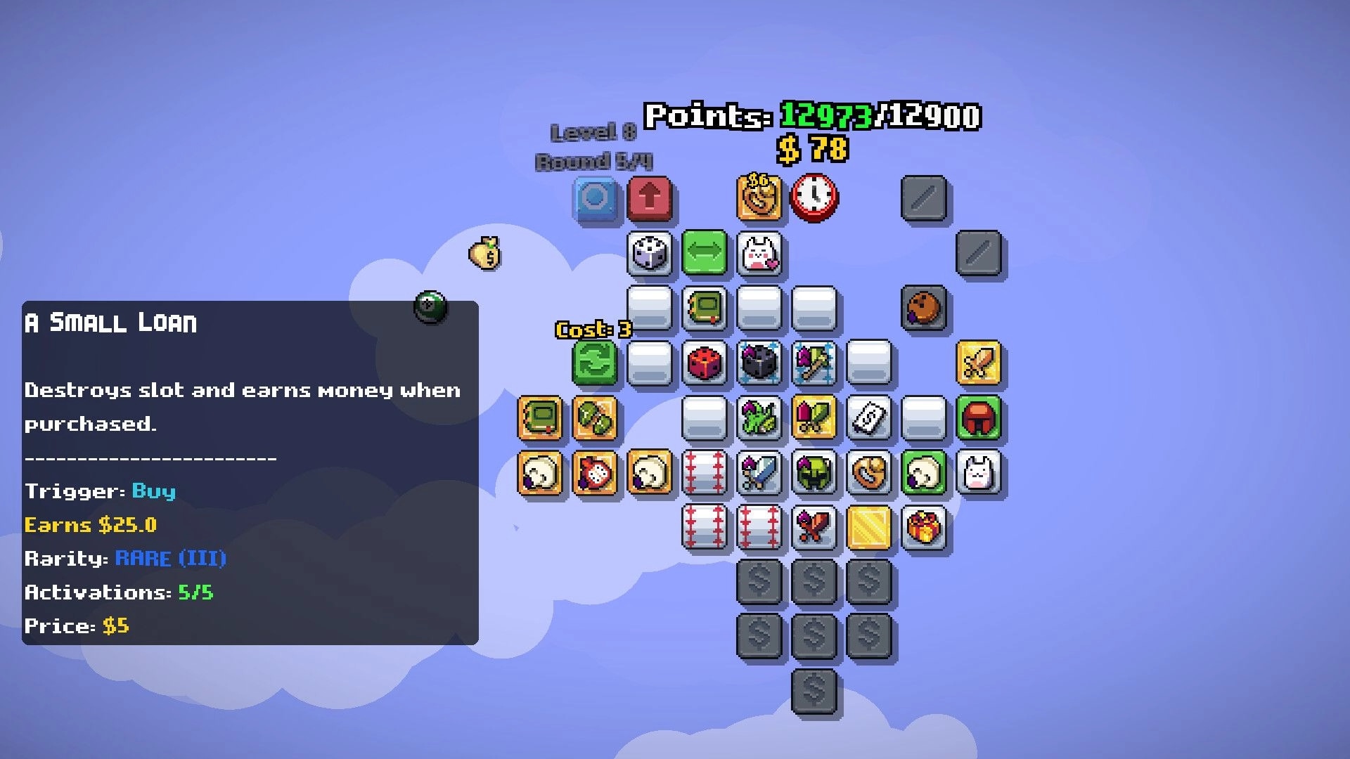 LOOTPLOT: Inventory management with items, points, and cost details on a cloud-themed background