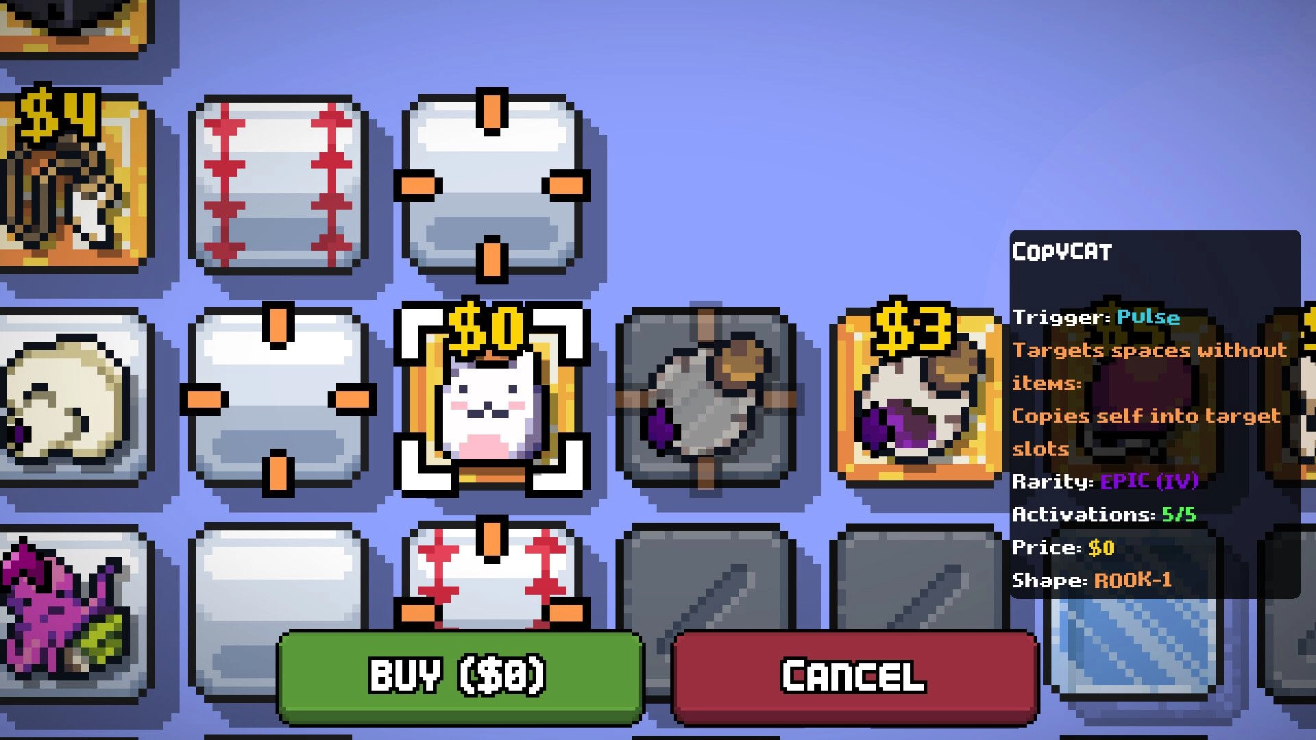 LOOTPLOT: Inventory grid with various items, including a highlighted cat icon, and a detailed item tooltip.