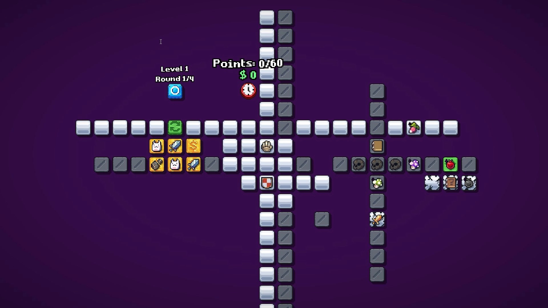 LOOTPLOT: Grid-based strategy interface with item icons and points display on a purple background.
