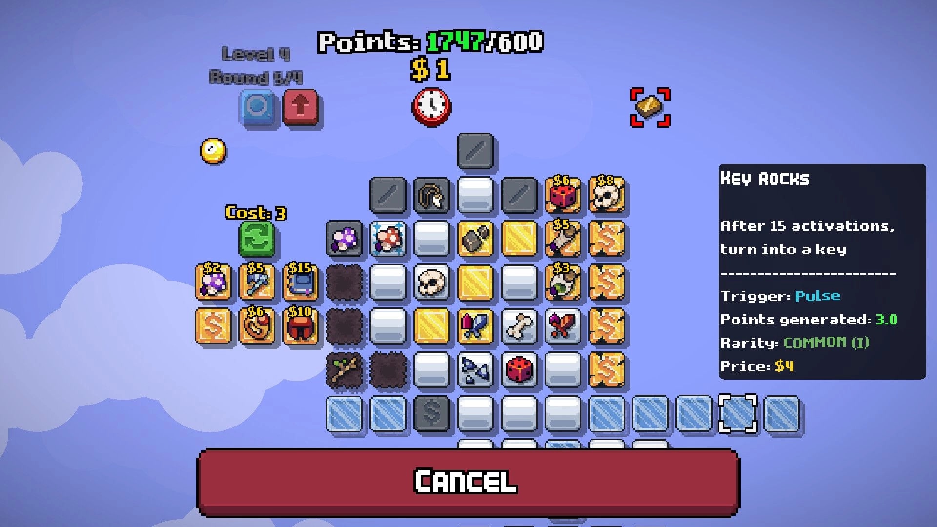 LOOTPLOT: Item grid with unique icons, level 4 UI details, points tally, and Key Rocks description