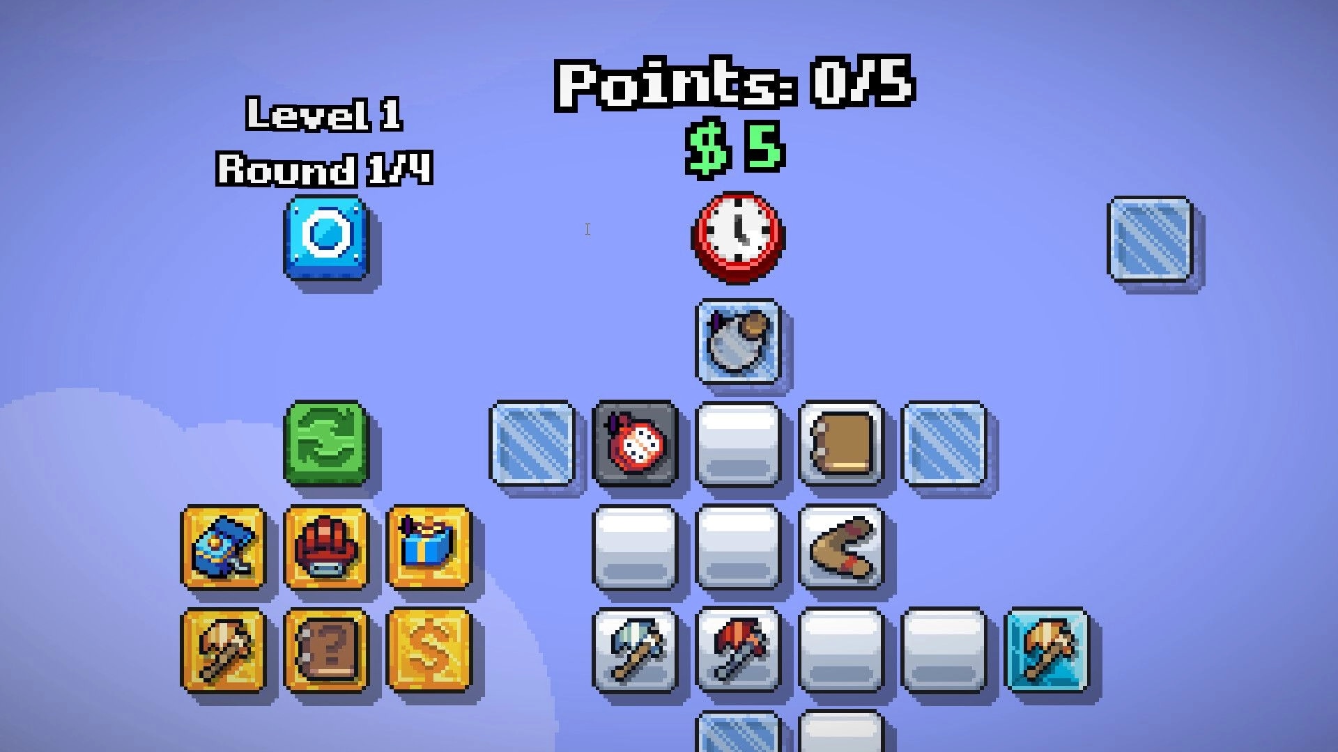 LOOTPLOT: Item grid arrangement with points and level display in a pixel art interface setting