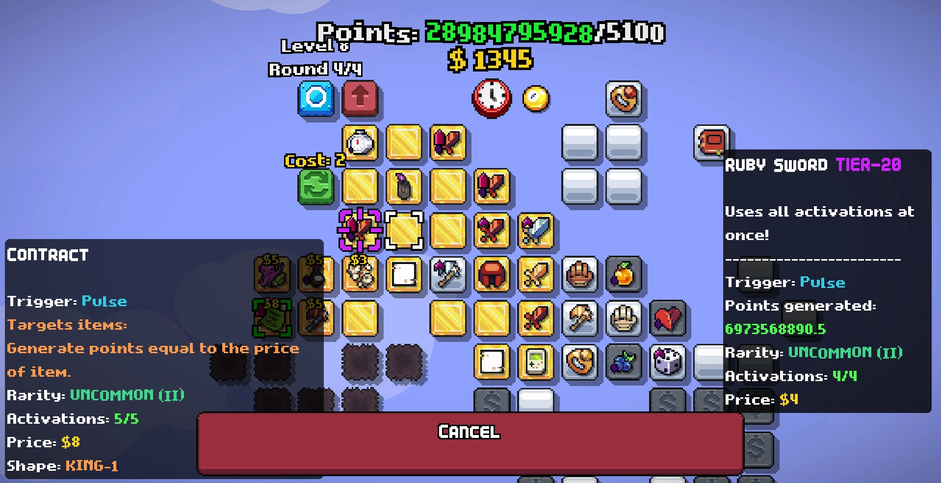 LOOTPLOT: Inventory grid with various items and stats displayed, featuring a highlighted Ruby Sword.