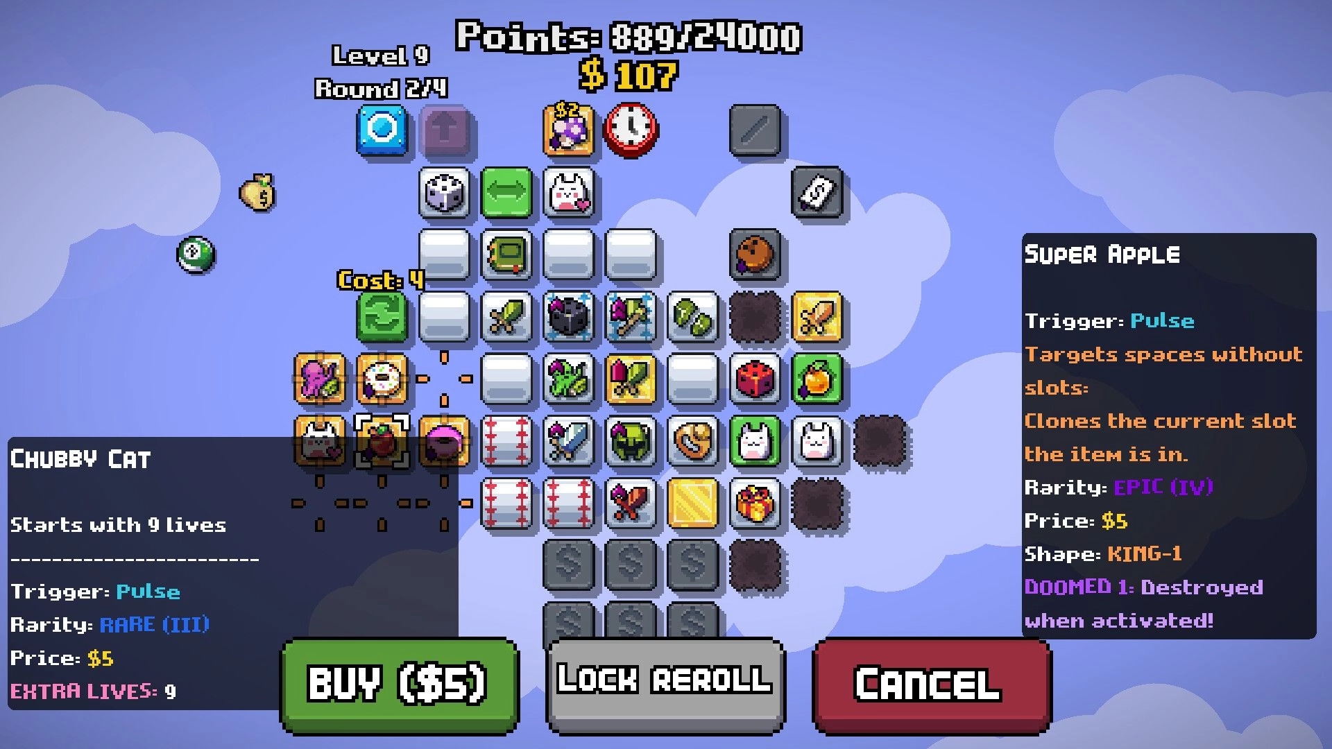 LOOTPLOT: Inventory grid displaying various items with Chubby Cat and Super Apple details on the screen.