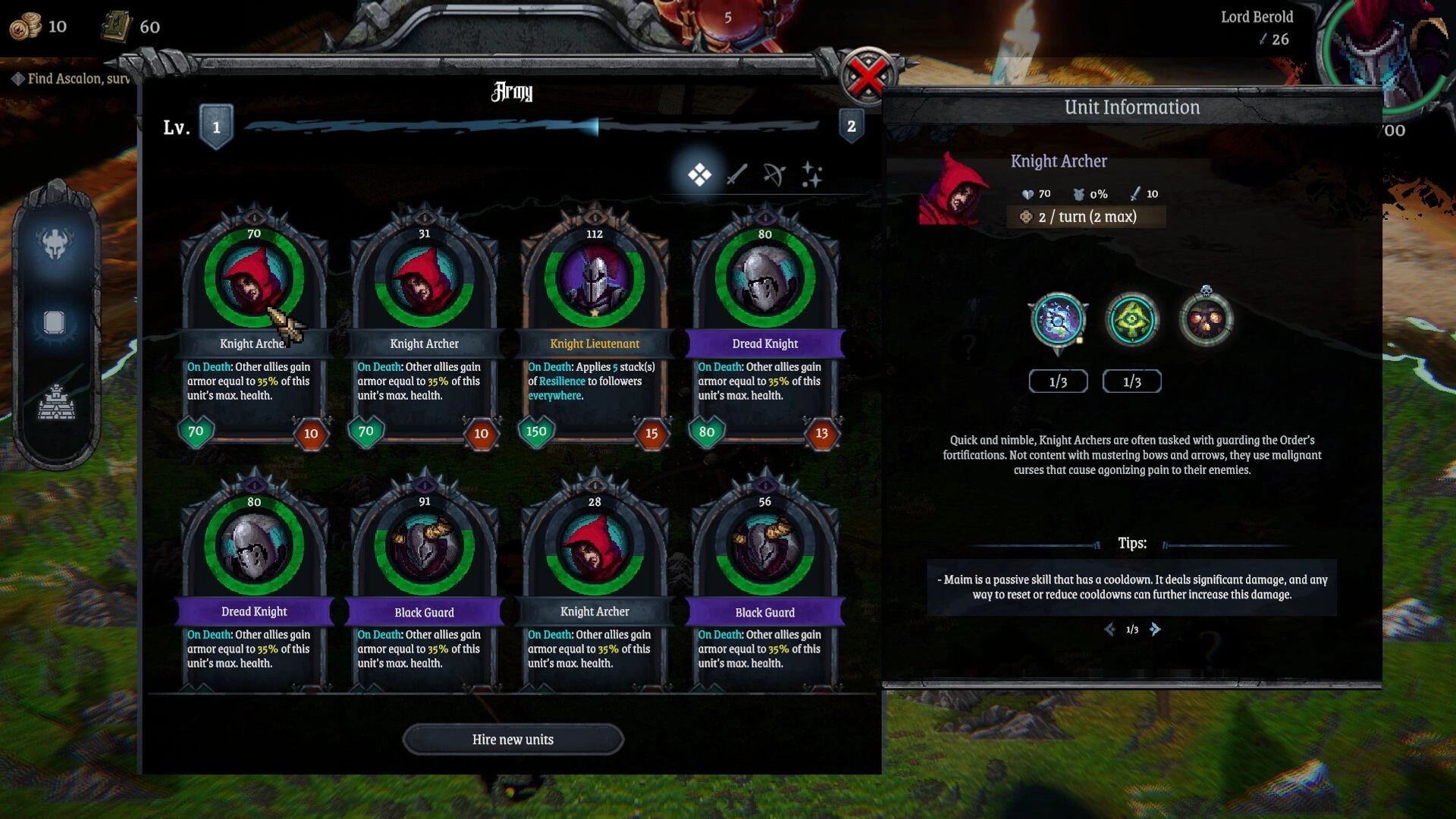 Lords of Ravage: Army management screen showing unit stats and abilities in a dark fantasy landscape.