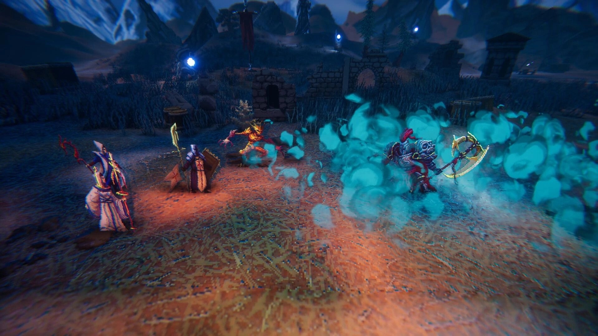 Lords of Ravage: Turn-based battle in a mystical forest with mages and warriors clashing energetically