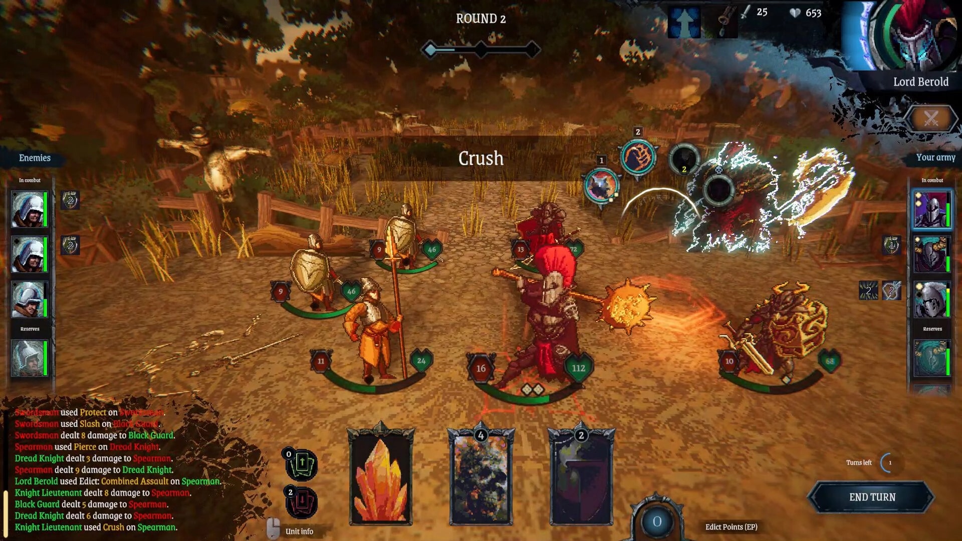 Lords of Ravage: Turn-based battle with Lord Berold against armored enemies in a forest setting