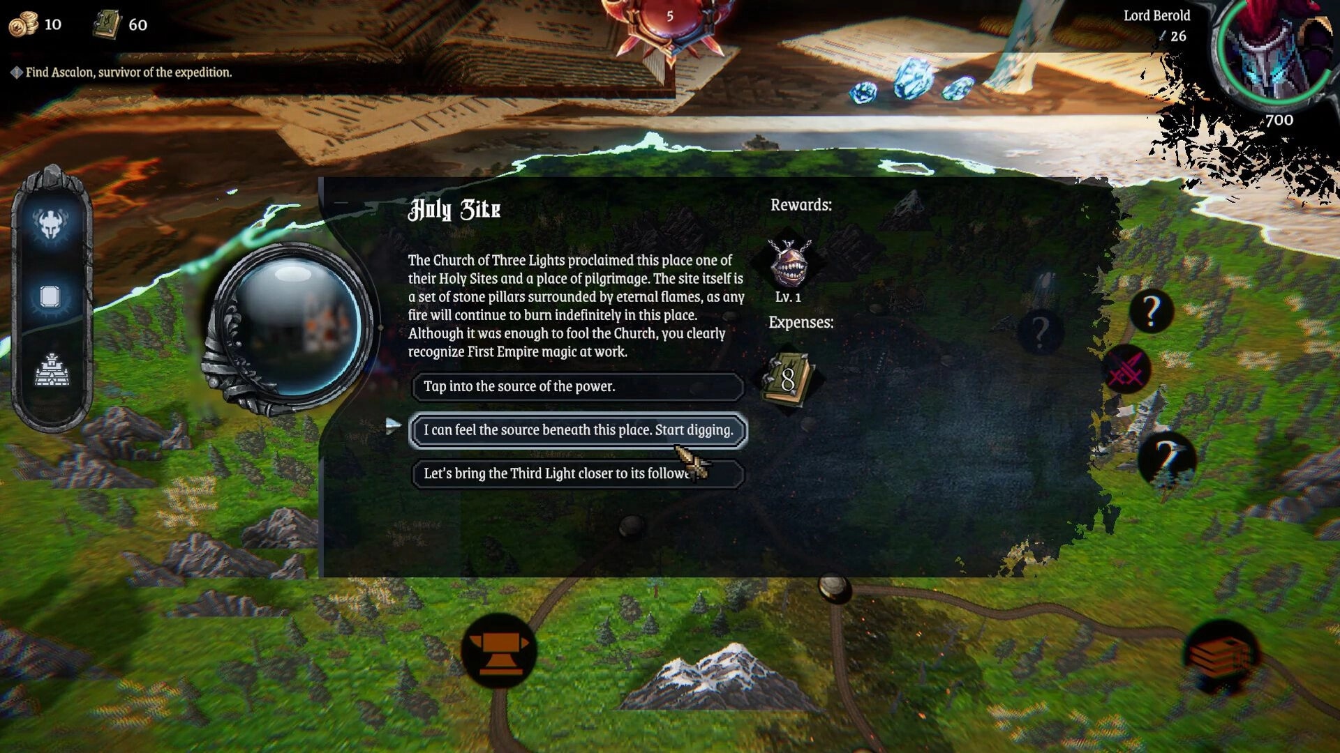 Lords of Ravage: Quest choices and map interface at Holy Site with rewards and character stats shown