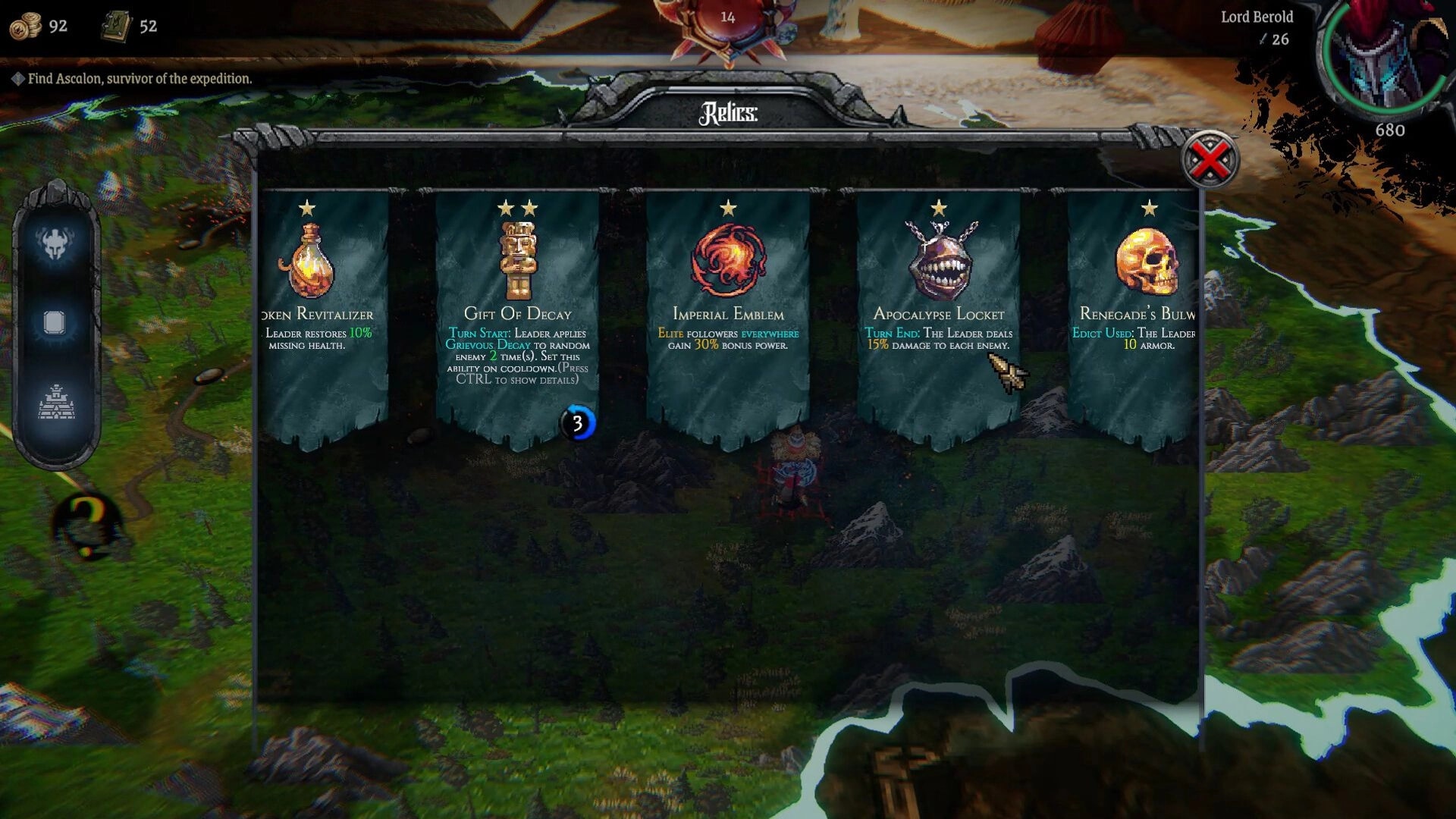 Lords of Ravage: Relics selection screen over a detailed map with various terrain and a sidebar menu