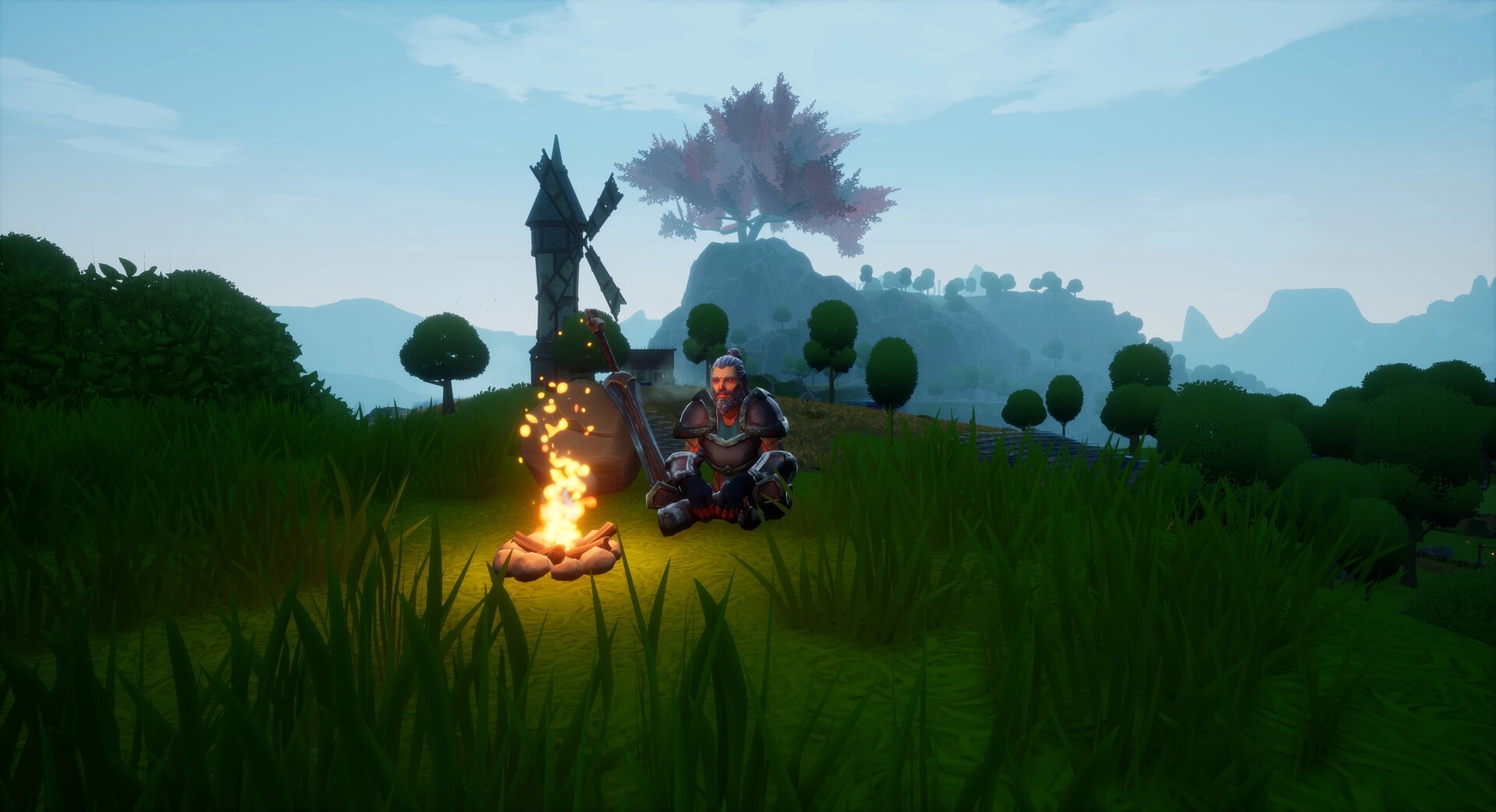 Lorne: Ranger sitting by campfire in grassy field with windmill and distant mountains in the background.
