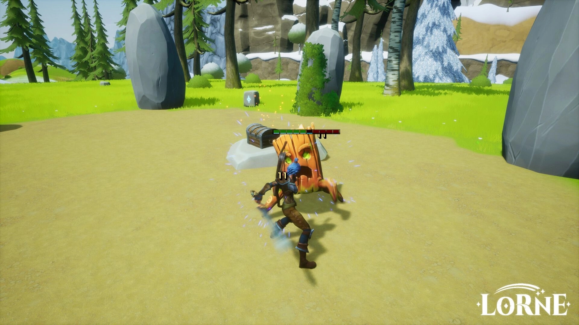 Lorne: Player character attacks wooden enemy near treasure chest in a forest clearing environment