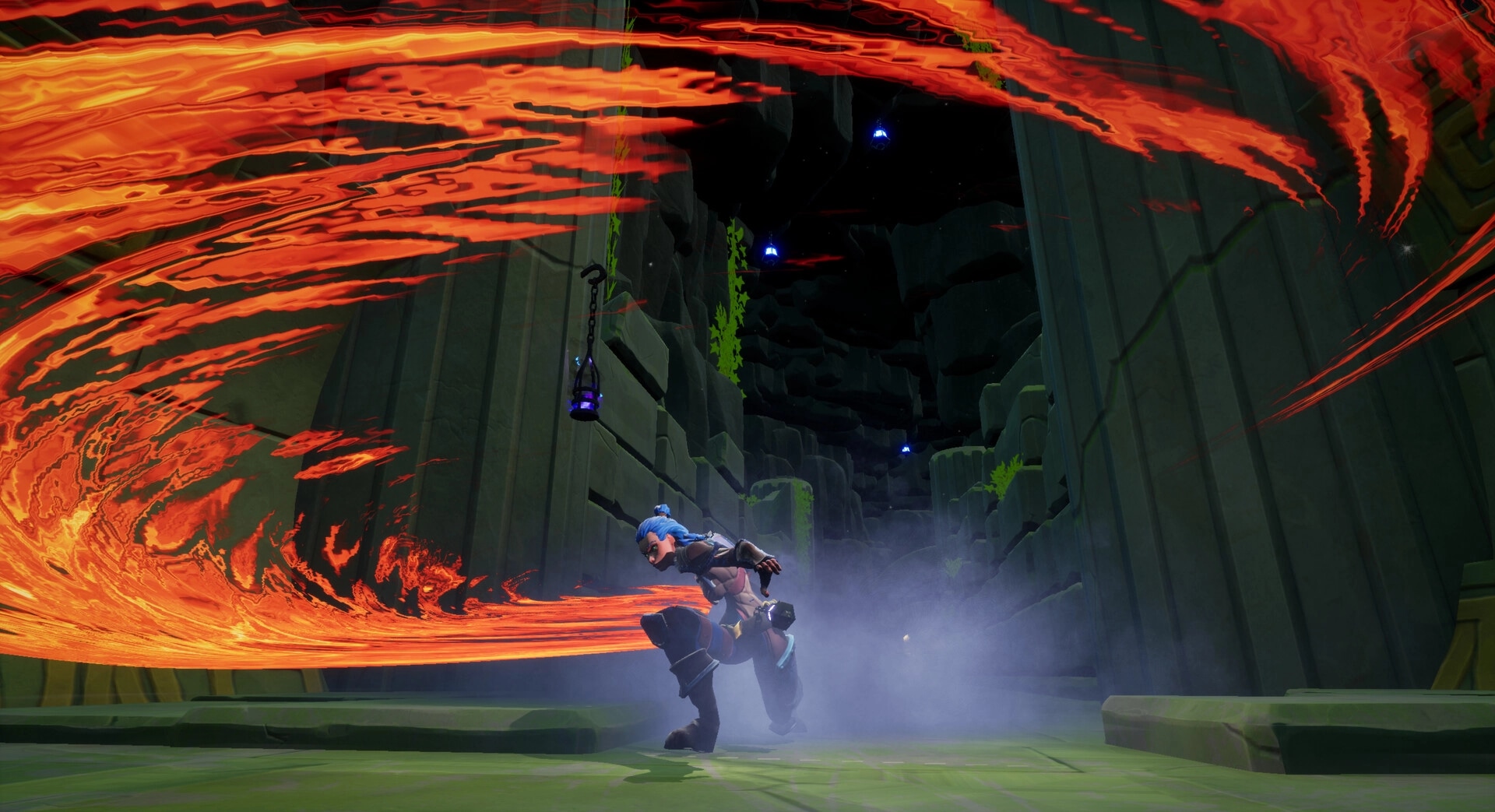 Lorne: Character unleashes fiery attack in ancient stone corridor, surrounded by glowing lanterns.