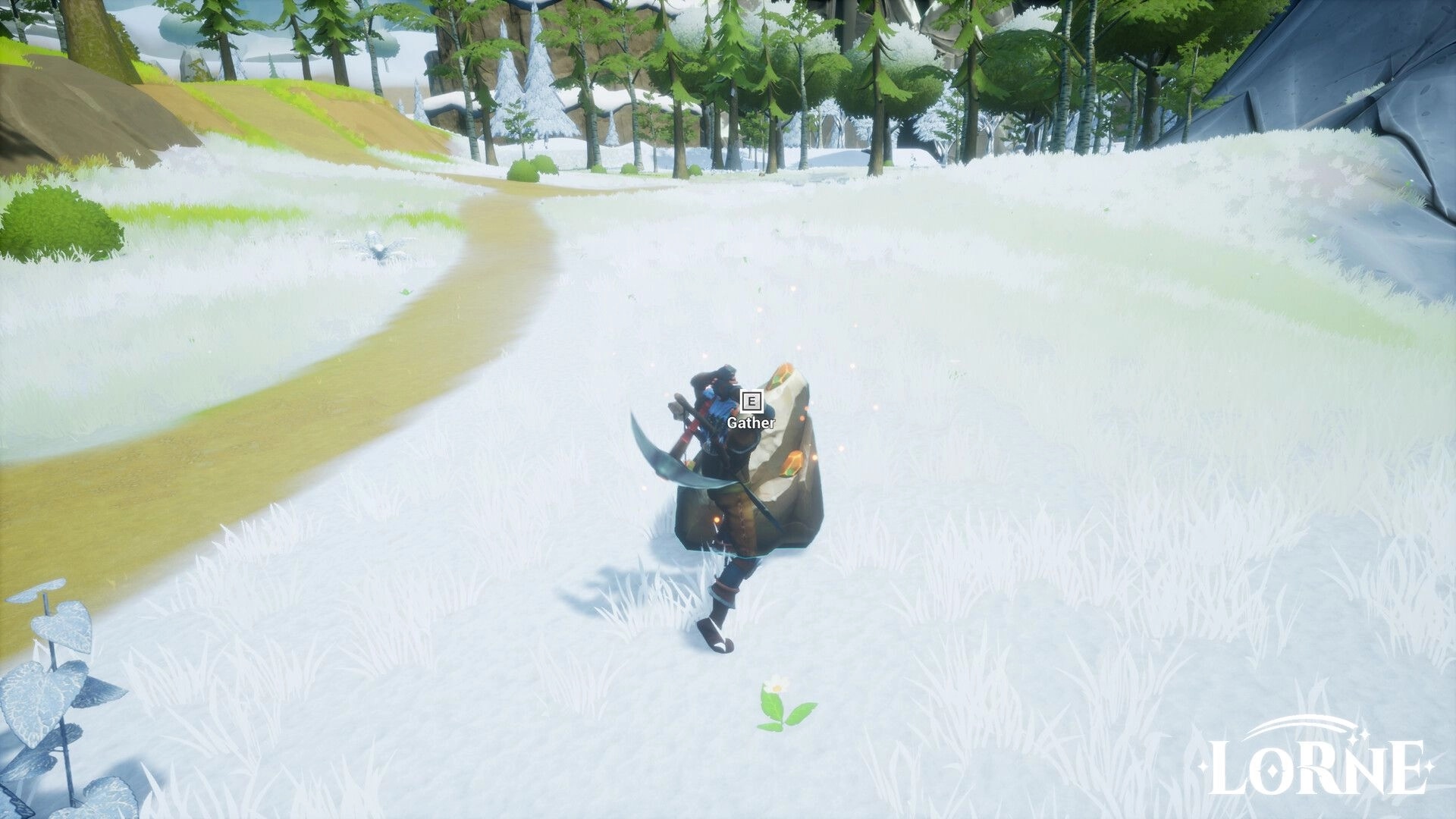 Lorne: Player gathers resources in snowy forest path with "E Gather" prompt visible