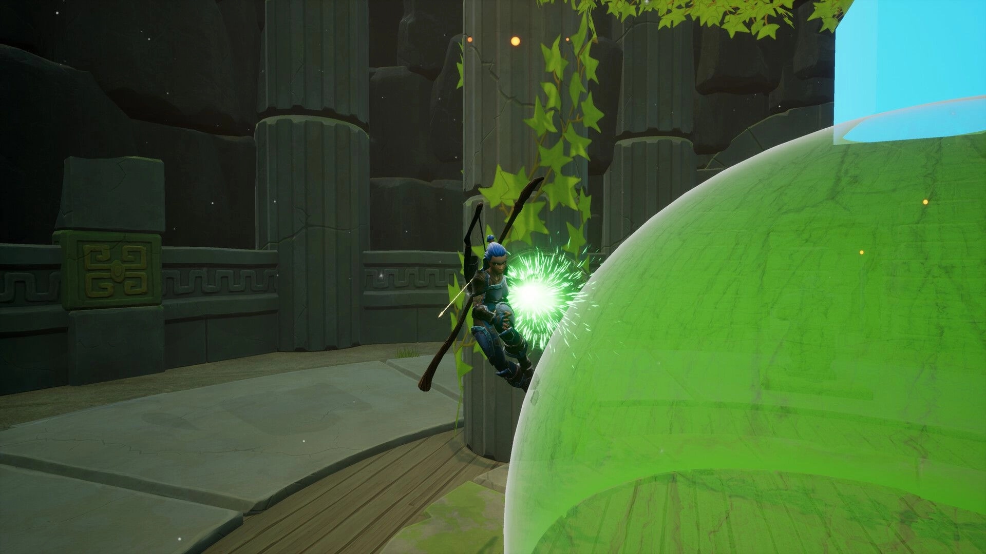 Lorne: Ranger using magic against green barrier in ancient ruins with ivy and stone columns